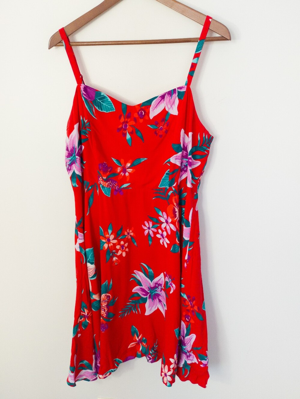 Old Navy Fit & Flare Printed Cami Dress Red Floral Tropical Rayon Mini Size L